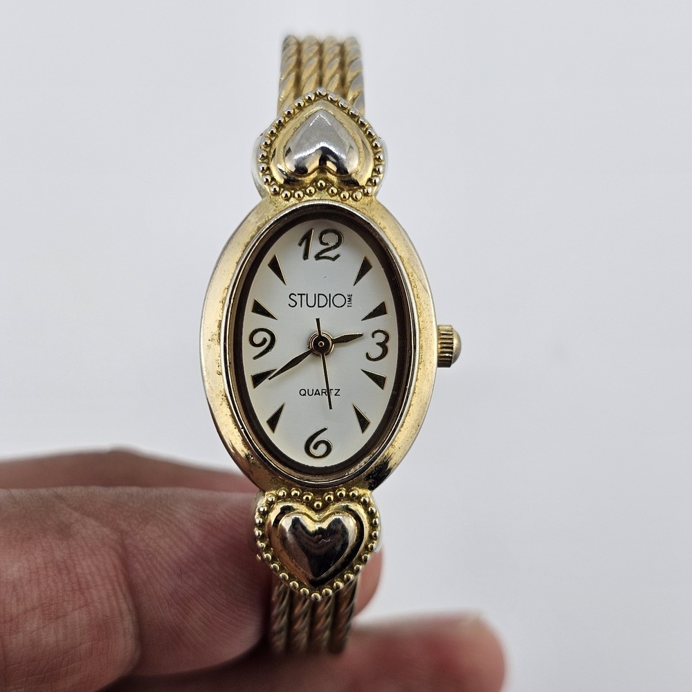 Women's Cuff Watch 19MM White Dial Gold Bracelet‎ Bands 5.5" NEW Battery